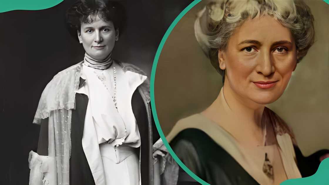 British journalist Flora Shaw seated and standing with a book in her hand. British journalist Flora Shaw seated and standing with a book in her hand.