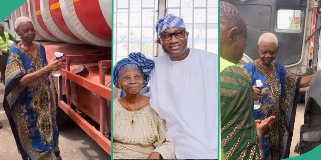 Femi Otedola's mother Lady Doja praying for son's trucks and his drivers. Femi Otedola's mother Lady Doja praying for son's trucks and his drivers.