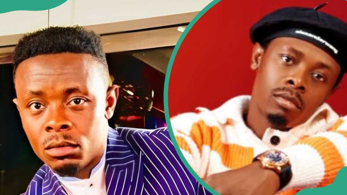 Lilin Baba in a striped coat and white shirt (L). The actor is in a white and orange striped sweater (R) Lilin Baba in a striped coat and white shirt (L). The actor is in a white and orange striped sweater (R)