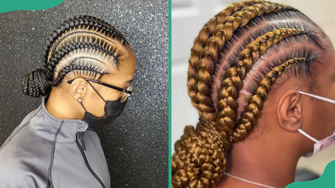 Straight-back cornrows with a low bun.