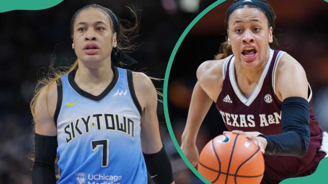 Chennedy Carter plays for the Chicago Sky (L). The basketball player represents the Texas A&M Aggies (R)