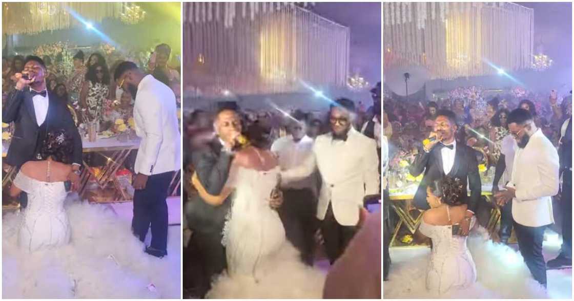 Actress Ekene Umenwa kneels for Moses Bliss at her wedding. Actress Ekene Umenwa kneels for Moses Bliss at her wedding.