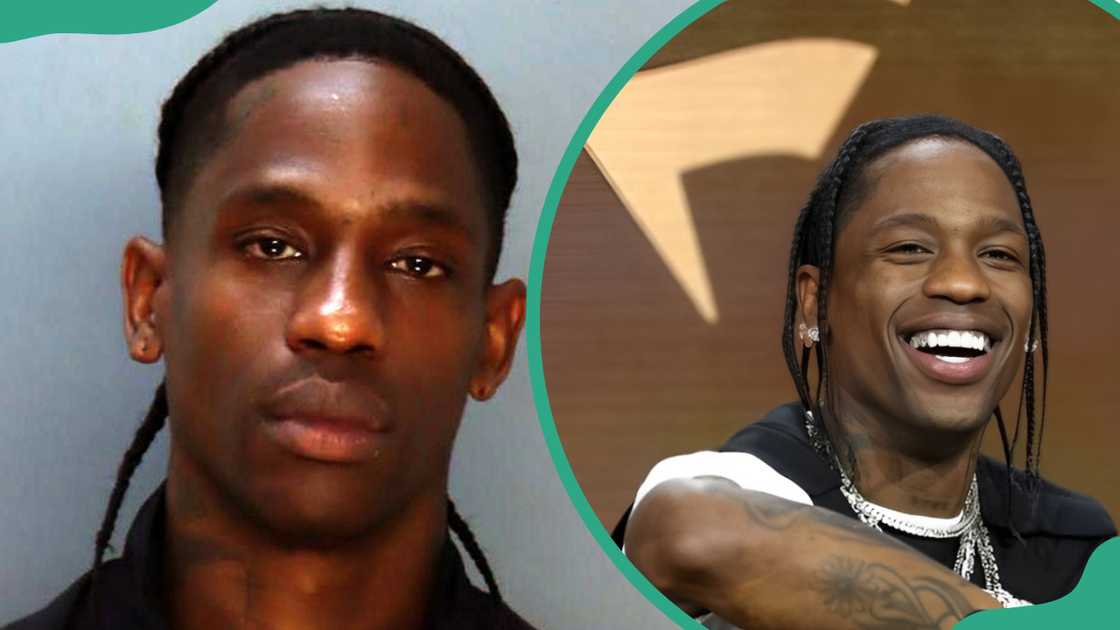 Travis Scott poses for a booking (L). The rapper speaks onstage at the Fanatics Fest NYC 2024 (R) Travis Scott poses for a booking (L). The rapper speaks onstage at the Fanatics Fest NYC 2024 (R)