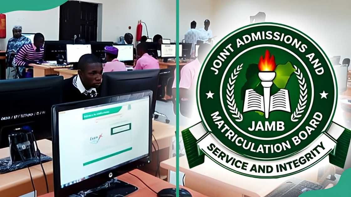 Students in a computer classroom. Official JAMB logo.