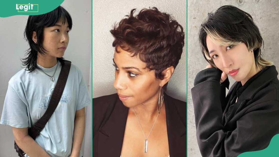 Sleek wolf-cut mullet with wispy bangs (L), pixie wolf-cut (C), wolf-cut with money piece (R)