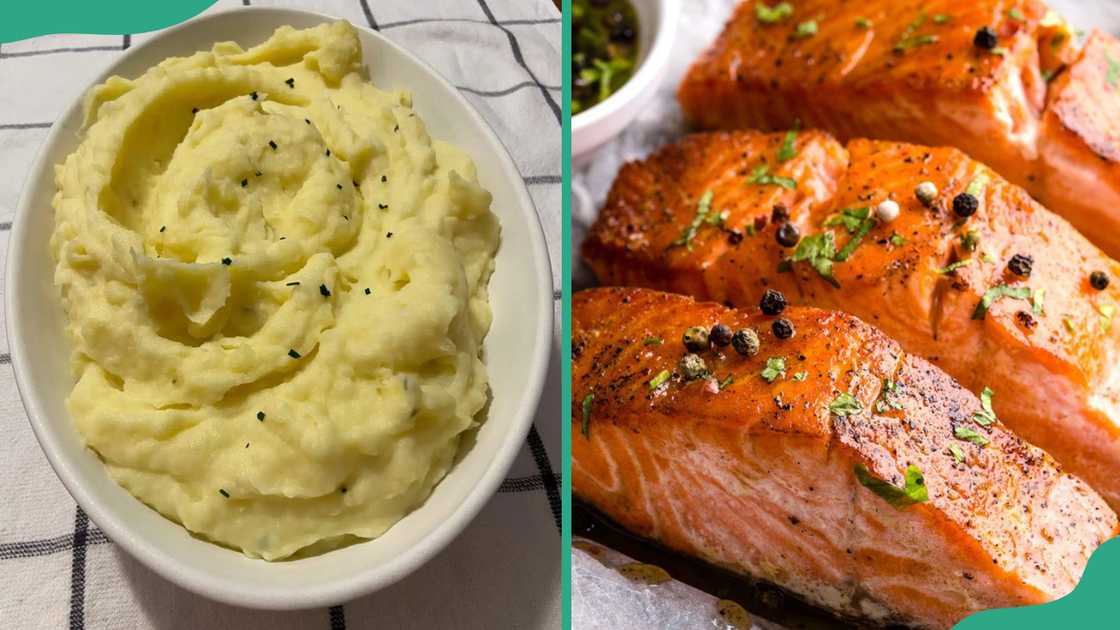A bowl of Potato Mash (L) and Smoked Salmon (R) A bowl of Potato Mash (L) and Smoked Salmon (R)