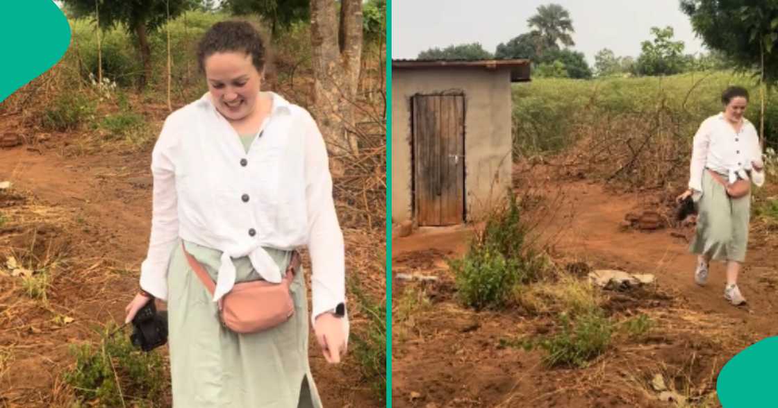 White lady refuses to go near pit toilet in her husband's village, video goes viral White lady refuses to go near pit toilet in her husband's village, video goes viral