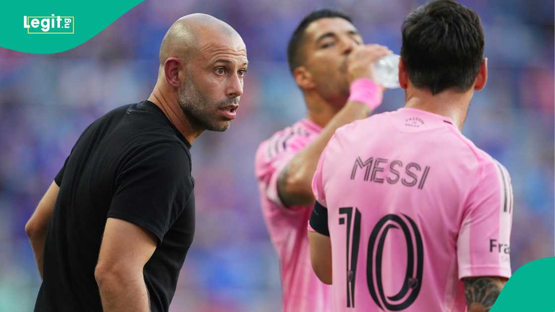 Javier Mascherano and Lionel Messi at Inter Miami during MLS against Cincinnati. Photo by Jeff Dean