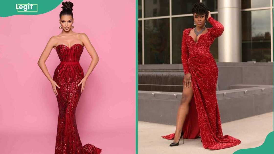 Two ladies in red sequin gown dresses Two ladies in red sequin gown dresses