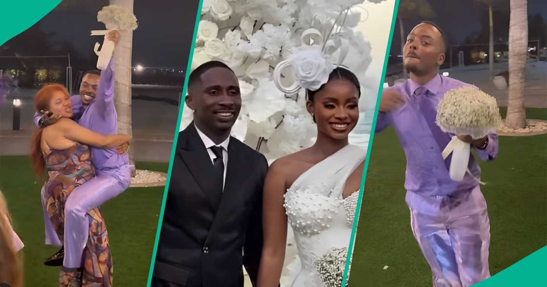 Enioluwa displays after he caught bouquet at Priscilla's wedding. Enioluwa displays after he caught bouquet at Priscilla's wedding.