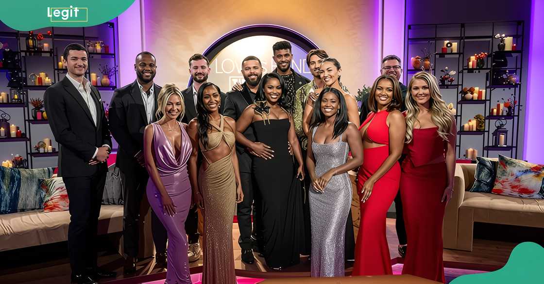 Love Is Blind Season 7 cast members pose during a cast gathering. Love Is Blind Season 7 cast members pose during a cast gathering.