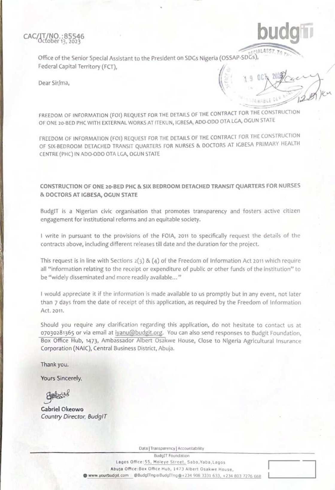 A copy of the FOI request acknowledged by OSSAP-SDGs on October 19, 2023 A copy of the FOI request acknowledged by OSSAP-SDGs on October 19, 2023