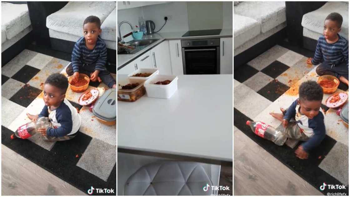 Babies messed up house/kids looked innocently. Babies messed up house/kids looked innocently.