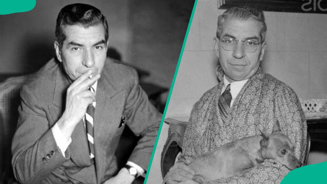 Charles "Lucky" Luciano smoking and holding his dog. Charles "Lucky" Luciano smoking and holding his dog.