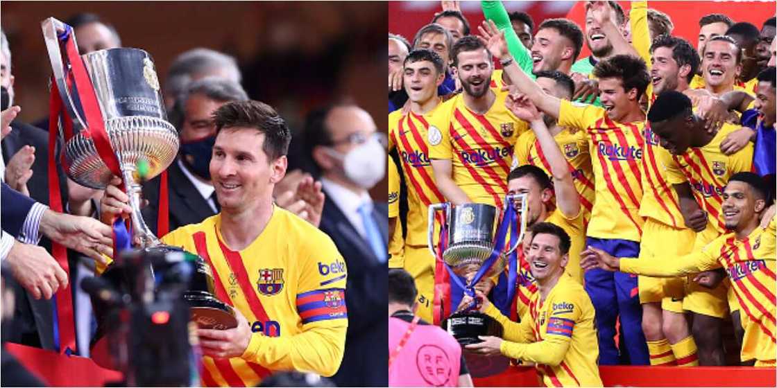 Lionel Messi scored a brace in Barcelona's 4-0 win over Bilbao to win Copa del Rey. It's Messi's first silverware as captain. Lionel Messi scored a brace in Barcelona's 4-0 win over Bilbao to win Copa del Rey. It's Messi's first silverware as captain.