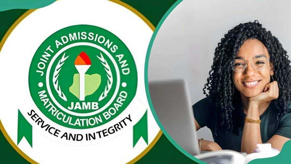 JAMB logo (L). A female student smiling (R) JAMB logo (L). A female student smiling (R)