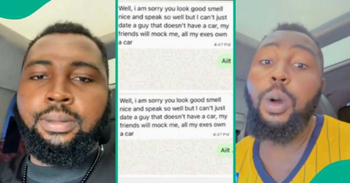 Nigerian man shares his chat with a lady who rejected him because he doesn't own a car. Nigerian man shares his chat with a lady who rejected him because he doesn't own a car.