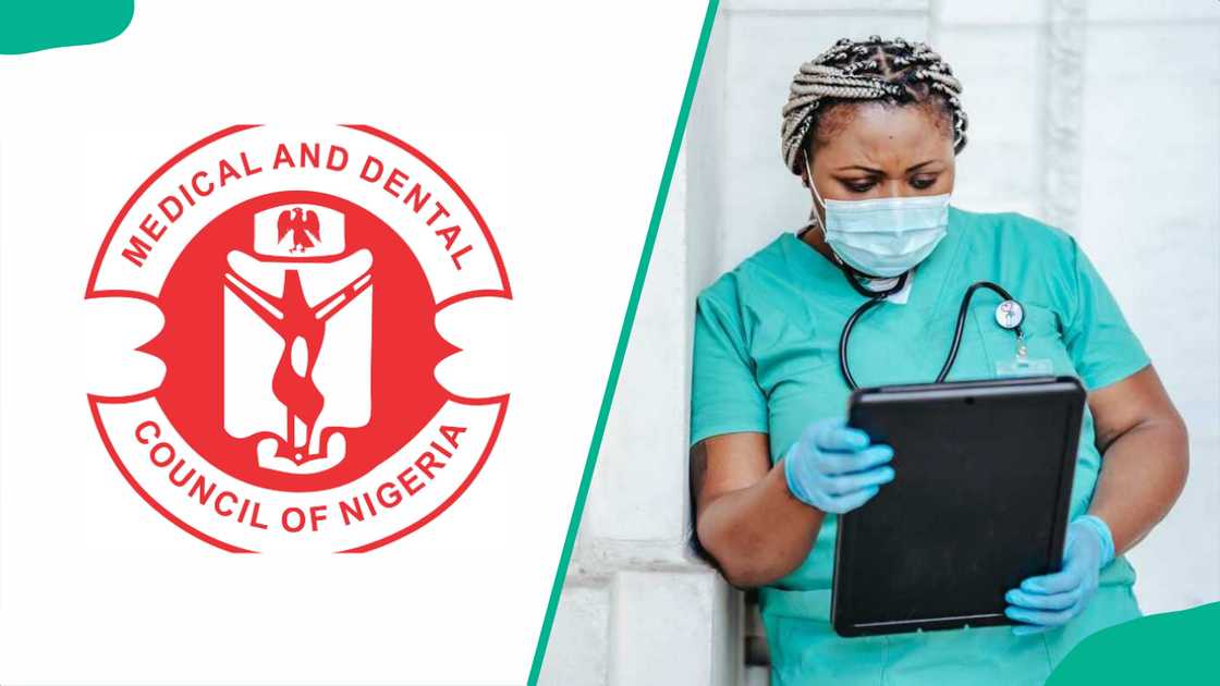 MDCN's logo and a nurse checking documents on a laptop MDCN's logo and a nurse checking documents on a laptop