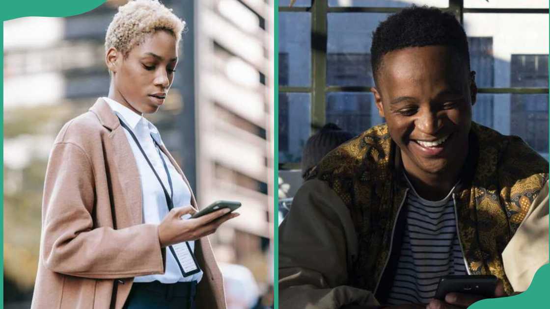 A woman and a man looking at their phones A woman and a man looking at their phones