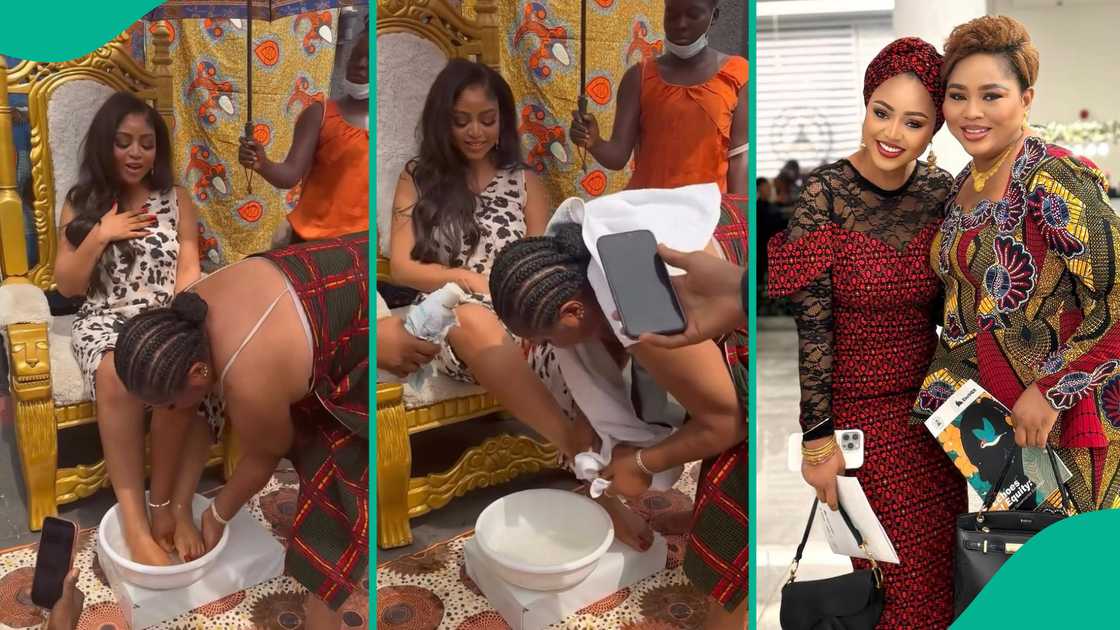 Regina Daniels' mother Rita washes her feet in viral video. Regina Daniels' mother Rita washes her feet in viral video.