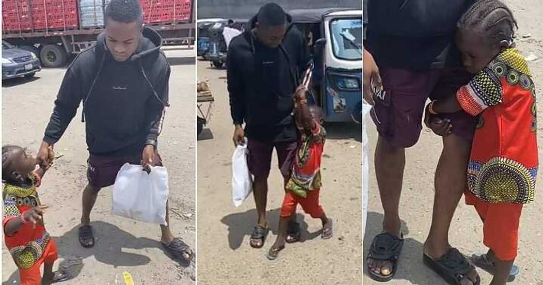 Little girl begs for alms, holds man tightly