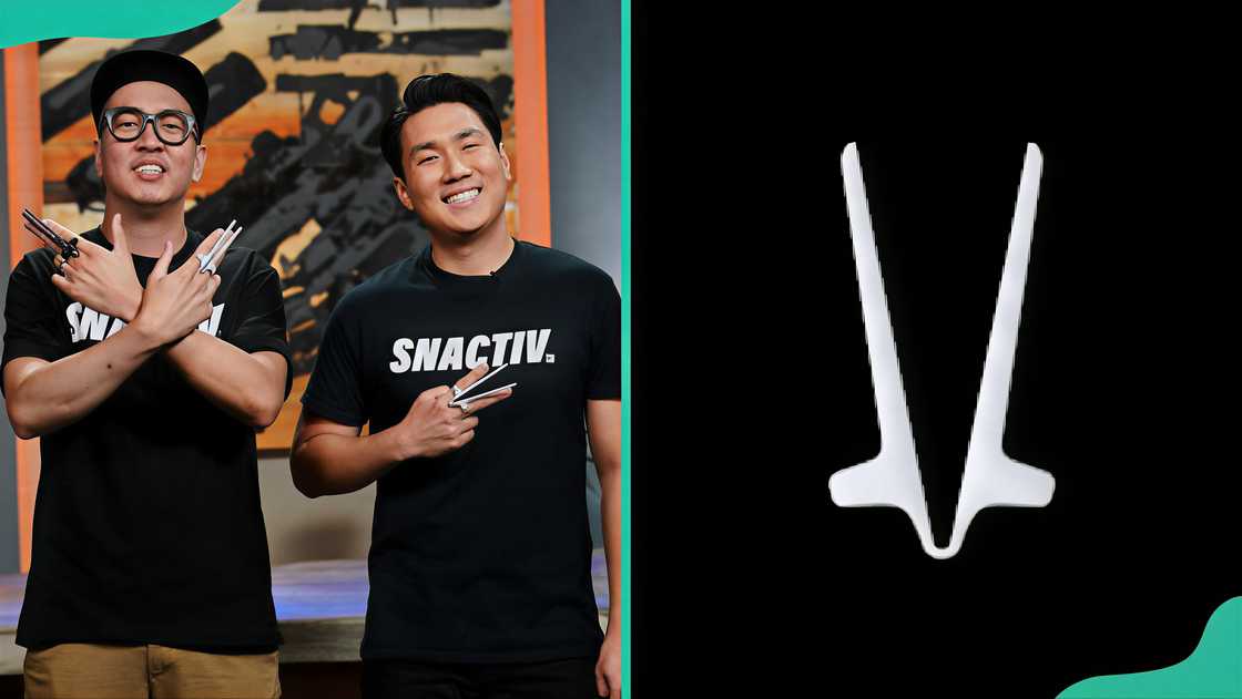 Kevin Choi and Edwin Cho presenting on Shark Tank and Snactiv logo