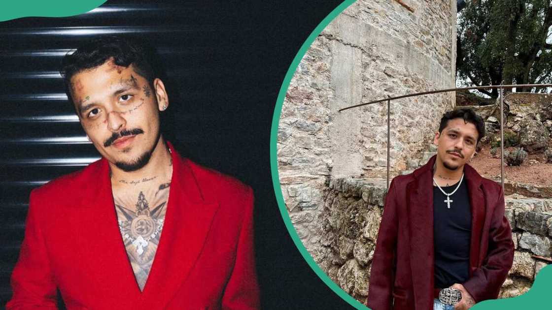 Christian Nodal in a red suit (L). The singer stands outside a building (R)