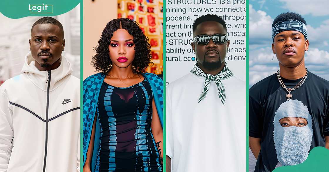 African rappers pictured in different places: Dip Doundou Guiss, Rosa Ree, Sarkodie, and Nasty C African rappers pictured in different places: Dip Doundou Guiss, Rosa Ree, Sarkodie, and Nasty C
