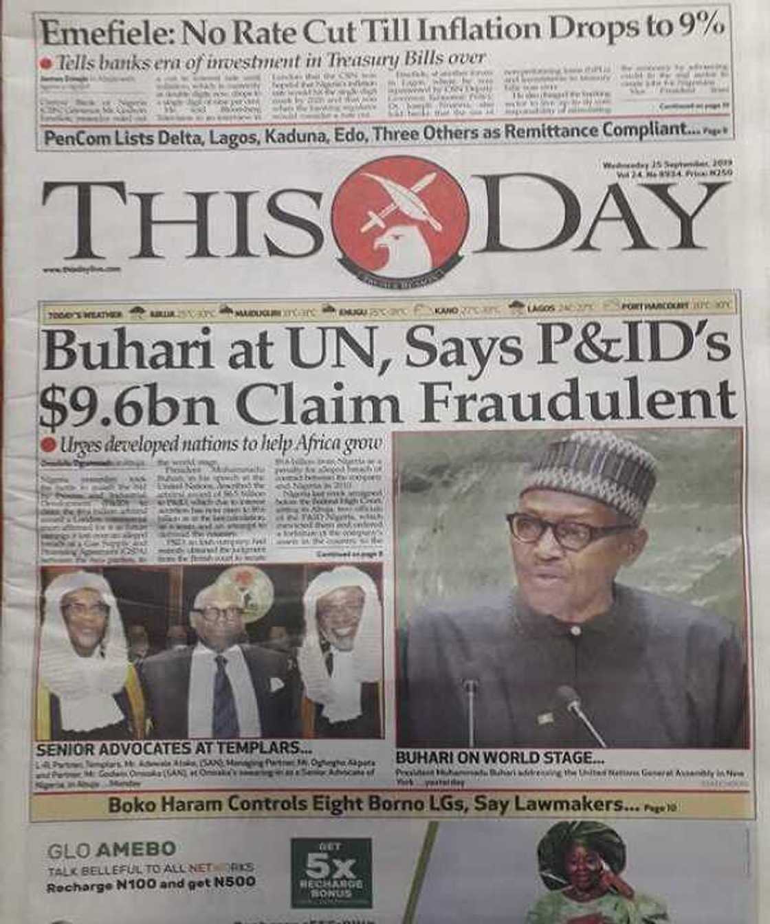 This Day newspaper headlines for Wednesday, September 25