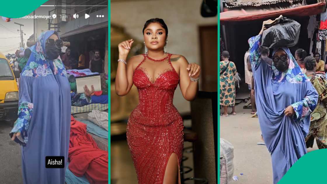 Bimbo Ademoye rocks disguise to market. Bimbo Ademoye rocks disguise to market.