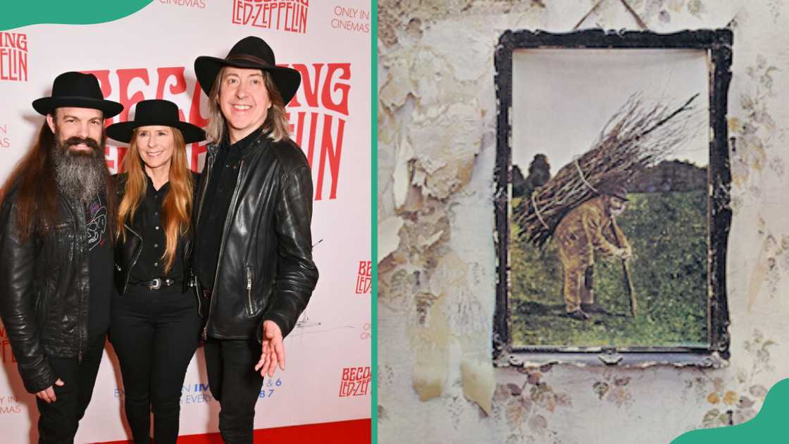 Led Zeppelin band members (L). A cover picture of Led Zeppelin IV album(R). Led Zeppelin band members (L). A cover picture of Led Zeppelin IV album(R).