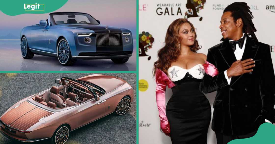 The Rolls-Royce Boat Tail in different colours (L), Jay Z and Beyonce (L) The Rolls-Royce Boat Tail in different colours (L), Jay Z and Beyonce (L)