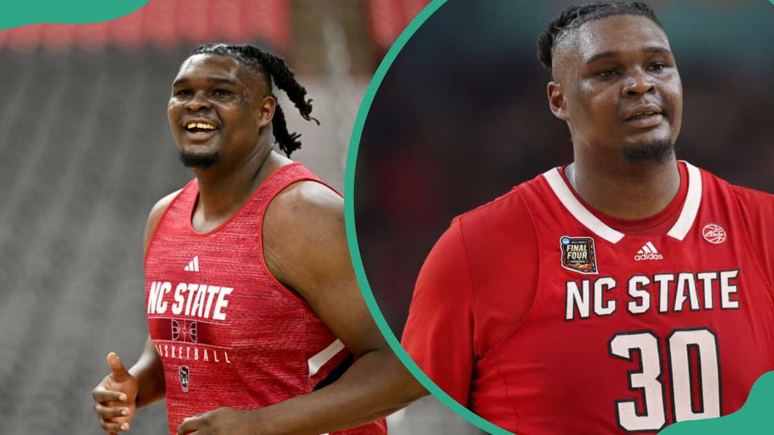 DJ Burns Jr. smiles during the NCAA Men's Basketball Tournament (L). The player walks across the court (R)