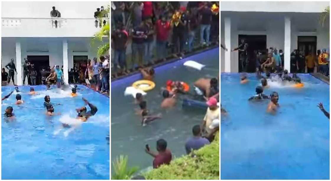 Protesters in Sri Lanka take over swimming pool in presidential palace. Protesters in Sri Lanka take over swimming pool in presidential palace.