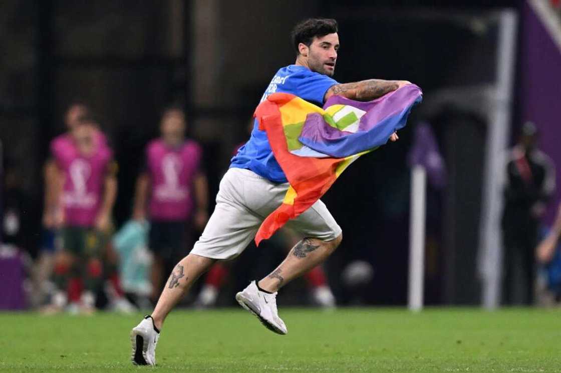 Mario Ferri, 35, who calls himself 'The Falcon', interrupted the Portugal-Uruguay game Mario Ferri, 35, who calls himself 'The Falcon', interrupted the Portugal-Uruguay game