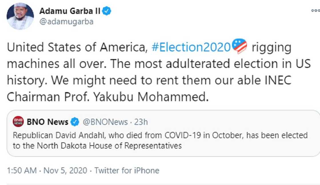 Zaben Amurka cike ya ke da magudi, ya kamata mu basu aron shugaban INEC - Tsohon dan takarar shugaban kasa Adamu Zaben Amurka cike ya ke da magudi, ya kamata mu basu aron shugaban INEC - Tsohon dan takarar shugaban kasa Adamu