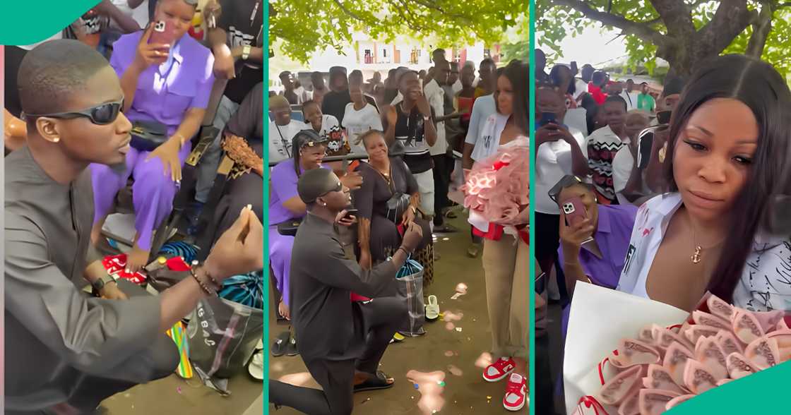 Video shows moment fresh graduate turned down her man's proposal after collecting money bouquet