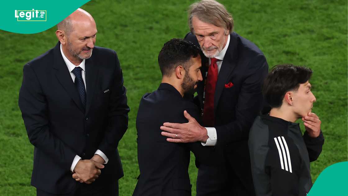 Ruben Amorim, Sir Jim Ratcliffe, Lisandro Martinez, Manchester United, UEFA Europa League final. Ruben Amorim, Sir Jim Ratcliffe, Lisandro Martinez, Manchester United, UEFA Europa League final.