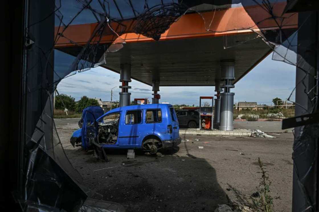A destroyed car at a petrol station in Siversk, Donetsk region A destroyed car at a petrol station in Siversk, Donetsk region