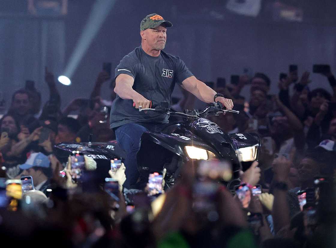 Stone Cold Steve Austin rides an all-terrain vehicle to the ring during WrestleMania 41 Stone Cold Steve Austin rides an all-terrain vehicle to the ring during WrestleMania 41