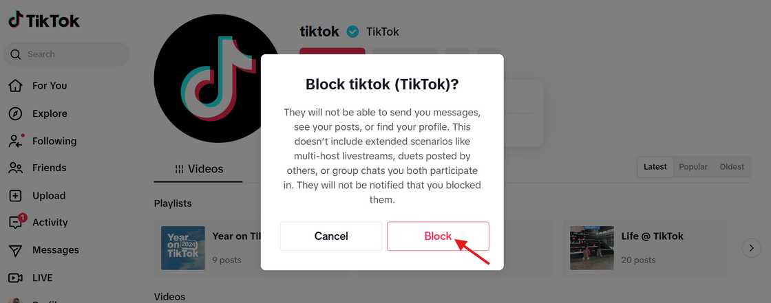 Steps of blocking a person on TikTok