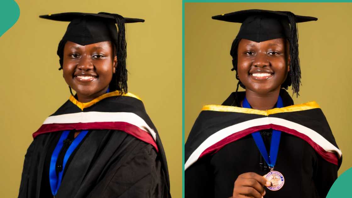 Lady graduates with first class degree.