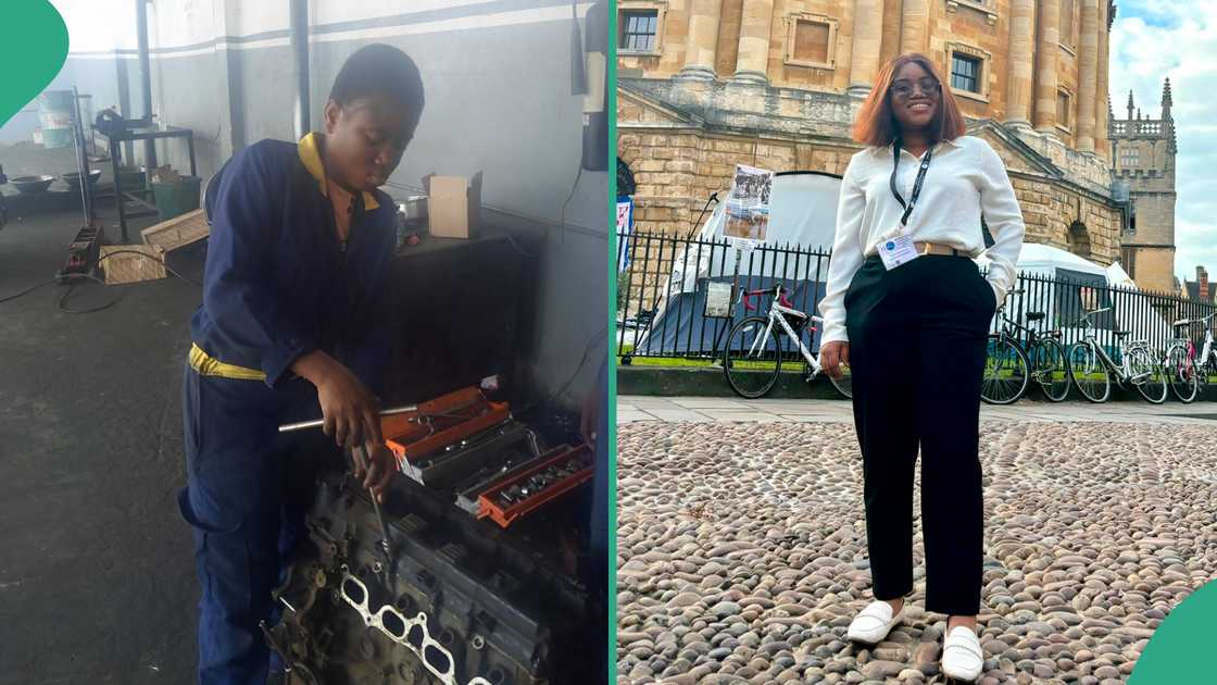 Social media reacts to new UK photo of lady who worked as mechanic intern in Nigeria