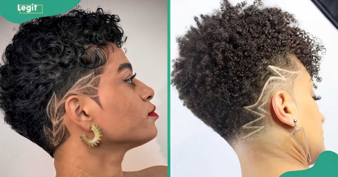 Side views of women with short and curly Afros with a fade. Side views of women with short and curly Afros with a fade.