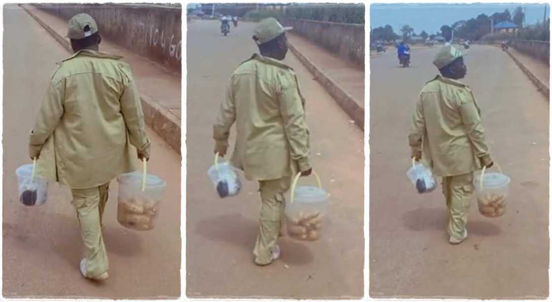 NYSC member goes viral after hawking meat pie. NYSC member goes viral after hawking meat pie.
