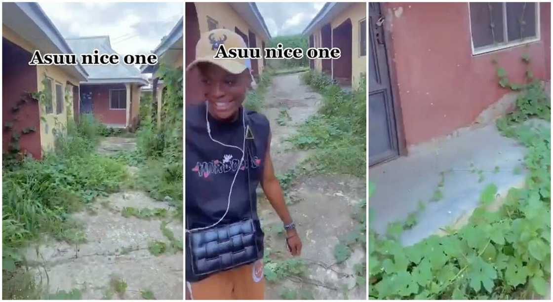 As ASUU strike linger, a Nigerian student is seen posing in front of his bushy school hostel. As ASUU strike linger, a Nigerian student is seen posing in front of his bushy school hostel.