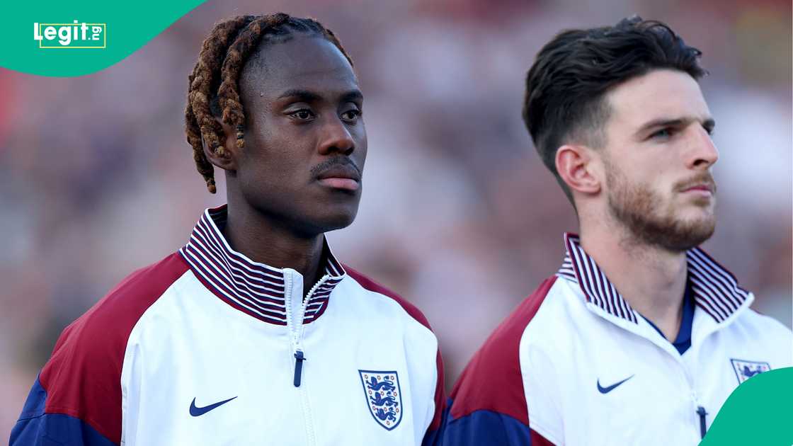 Trevoh Chalobah and Declan Rice of England lines up for the national anthem ahead friendly match against Senegal. Photo by Molly Darlington
