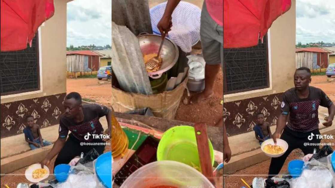 Skillful man juggles fried egg like ball