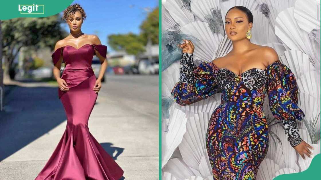 Women wearing burgundy sequence off-shoulder gowns Women wearing burgundy sequence off-shoulder gowns