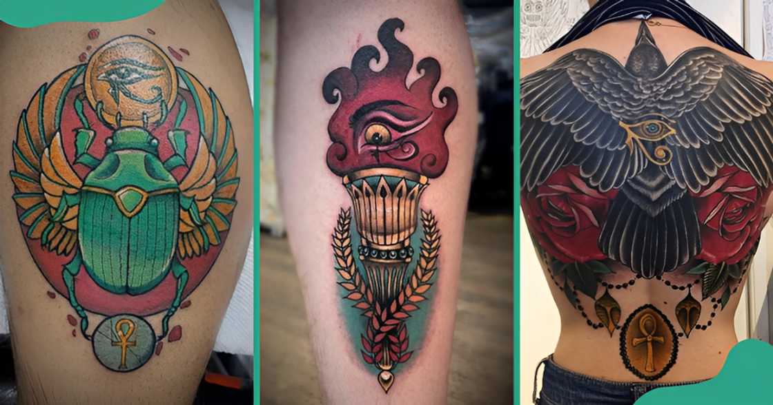 Old school colour Eye of Horus tattoos on the legs and back. Old school colour Eye of Horus tattoos on the legs and back.